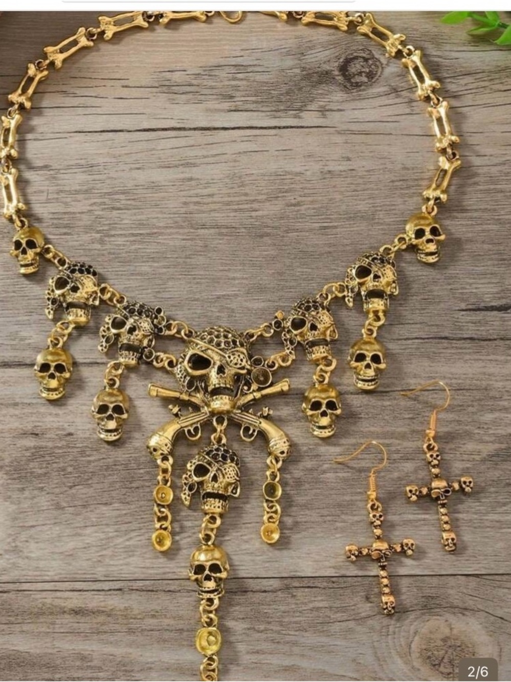 Fashion Jewelry Gold Skull Necklace with Cross Drop Earrings